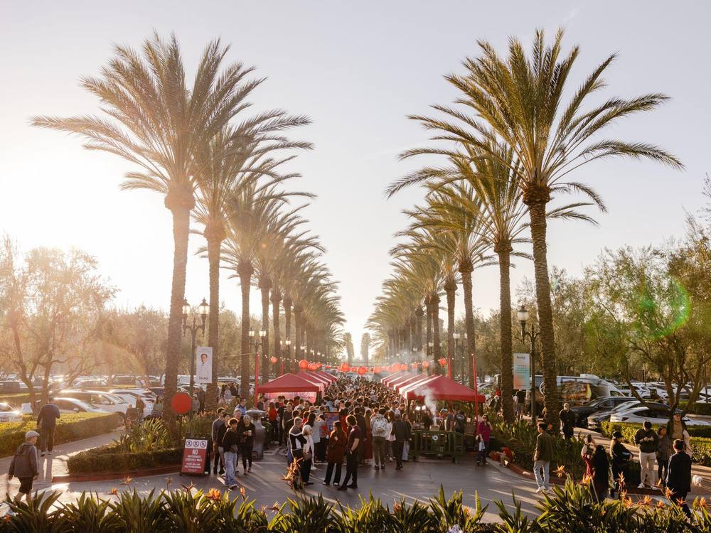 Crowds along a palm-lined promenade during a Lunar New Year celebration at an Irvine Company retail property.