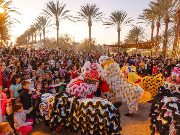 Lion dance performers surrounded by a crowd at a Lunar New Year event.